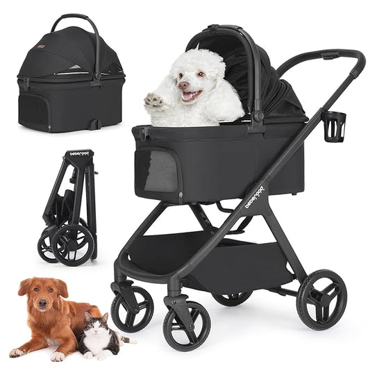 X-5 Luxury Pet Stroller for Medium Dog Under 55lbs or 2 Small Dogs & Cats, One-Touch Folding, Adjustable Handle and Detachable Carrier (Black)