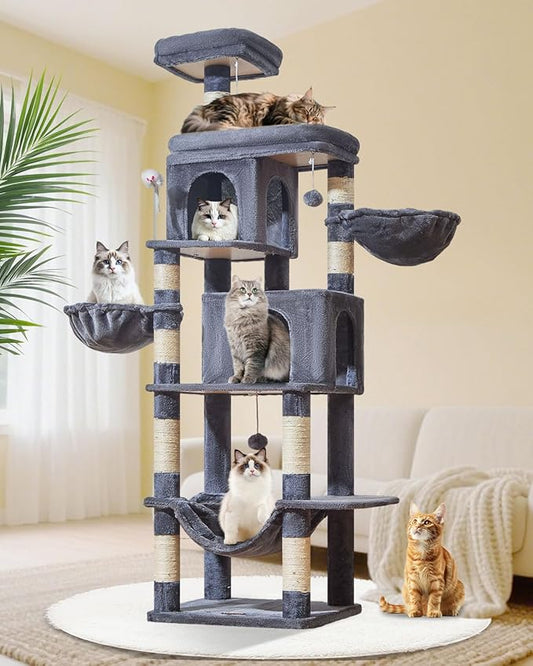 Taoqimiao Cat Tree, 77-Inch Cat Tower for Large Cats Multi-Level Cat Condos for Indoor Cats with 2 Condos, Extra-Lagre Platform, 2 Hanging Baskets, Hammock, 8 Scratching Posts, MS044G Smoke Gray