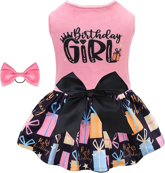 CuteBone Birthday Dog Dresses Velvet Holiday Small Dogs Clothes Onesie Pet Apparel Girl Puppy Skirt with Bow Hair Rope CVA48XS-D