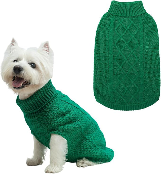Mihachi Turtleneck Dog Sweater - Winter Coat Apparel Classic Cable Knit Clothes with Leash Hole for Cold Weather, Ideal Gift for Pet in New Year Green X-Small