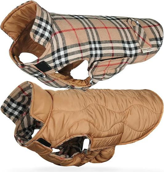 VIVAGLORY Softjoy Dog Coat, Dog Jacket for Winter & Christmas, Coat with Harness Hole & Velcro Closure, Reversible Plaid Checkered Warm Fluffy Heavy Duty for Puppy, S, Khaki