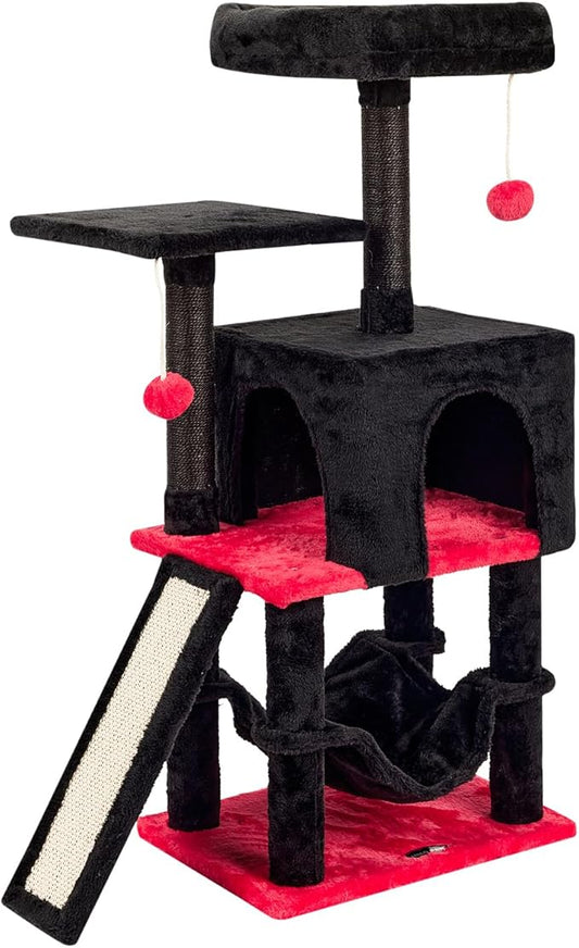 MIAO PAW Gothic Cut Cat Tree with Coffin Bed for Indoor Cats Cat Tower with Scratching Post Modern Activity House for Large Cats Condo with Board Kittens Cave Hammock Hanging Ball RED Black