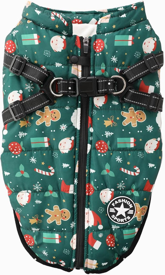 Aiboria Dog Jackets for Winter Windproof Waterproof Vest Fleece Warm Dogs Coat with Belt Christmas Green XXL