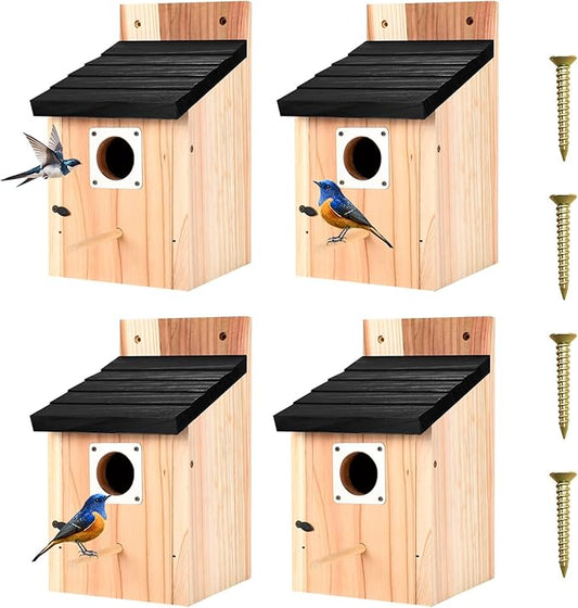4-Pack Black Wooden Bird Houses for Outdoors with Predator Guard, Bluebird Houses for Outside ??Ideal for Bluebirds & Other Backyard Birds, Black