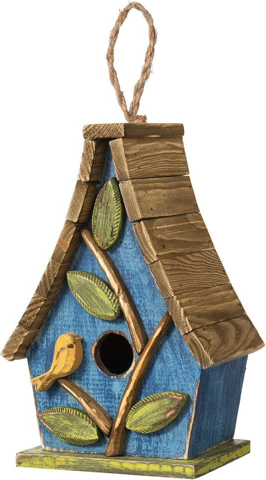 Glitzhome 9.5" H Hanging Bird House for Outdoor Patio Garden Decorative Pet Cottage Distressed Wooden Birdhouse with Natural Wood Slatted Roof and 3D Tree,Washed Blue
