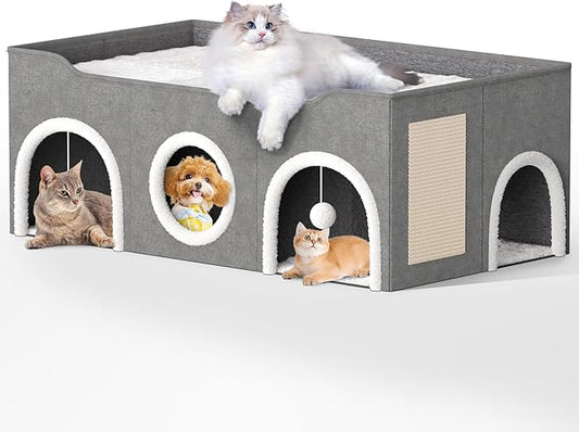 Top Bed Three Rooms Cat Condos,All-in-1 Extra-Wide Cat House for Indoor，Multi Cats Puppy Family, Large Cat Cave for Pet House with Fluffy Ball Hanging and Scratch Pad, Foldable Hideaway