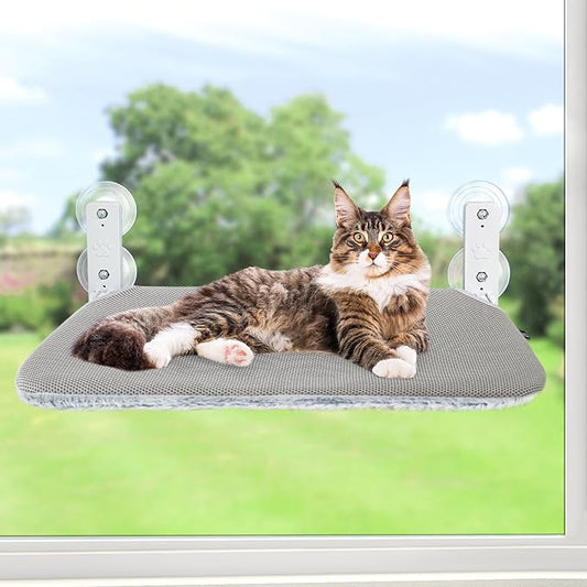 Sunhoo Cat Window Hammock Perch Cordless Perches Window Sill Seat Bed Foldable Stable Lounger Upgraded Suction Cup Easy Assembly Indoor Cats Kitty Shelf Hold Up to 55lbs (Light Gray, M)
