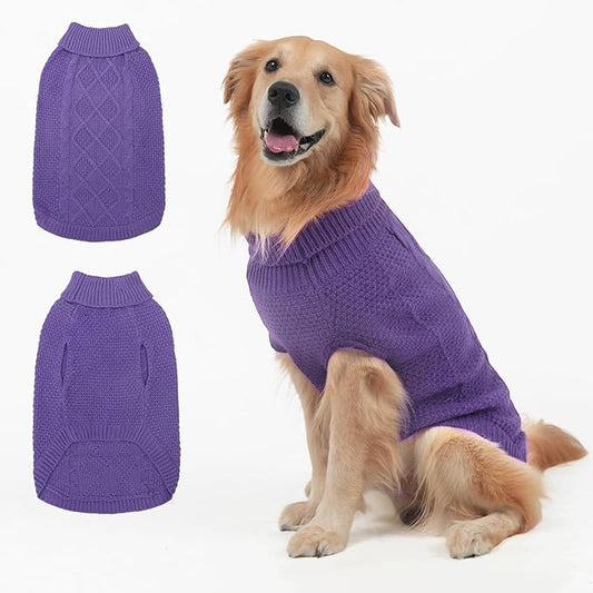 Mihachi Turtleneck Dog Sweater - Winter Coat Apparel Classic Cable Knit Clothes with Leash Hole for Cold Weather, Ideal Gift for Pet in New Year Light Purple ML