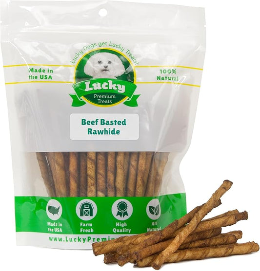 Beef Basted Rawhide Twist Sticks Dog Treats ??60ct. Premium Rawhide Chew Sticks ??Long Lasting Beef Flavored Chews for Small Dogs Made in USA with Natural Beefhide