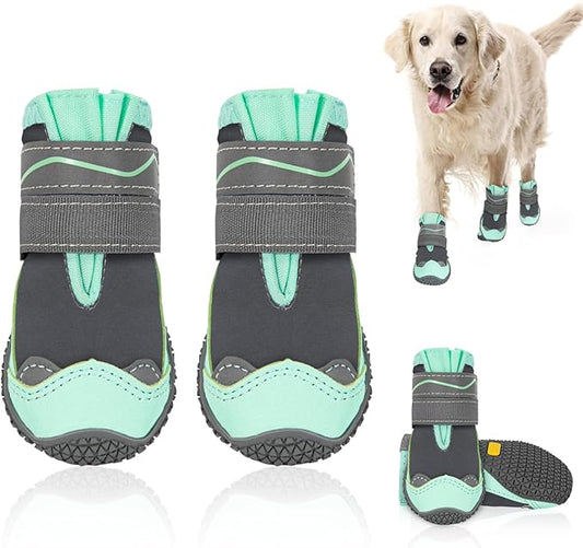 SlowTon Dog Shoes for Large Small Medium Dogs - Waterproof Dog Boots for Summer Hot Pavement, Paw Protector for Outdoor Walking Winter Snow, Anti-Slip Rubber Dog Booties for Hard Floor (Green Gray, 8)