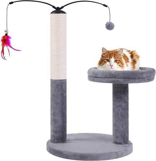 24" Scratching Post, Interactive Cat Scratcher, with Perch & Plush Toy, Sturdy Weighted Base, Grey