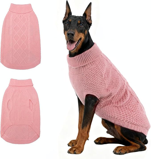 Mihachi Turtleneck Dog Sweater - Winter Coat Apparel Classic Cable Knit Clothes with Leash Hole for Cold Weather, Ideal Gift for Pet in New Year Pink 2XL