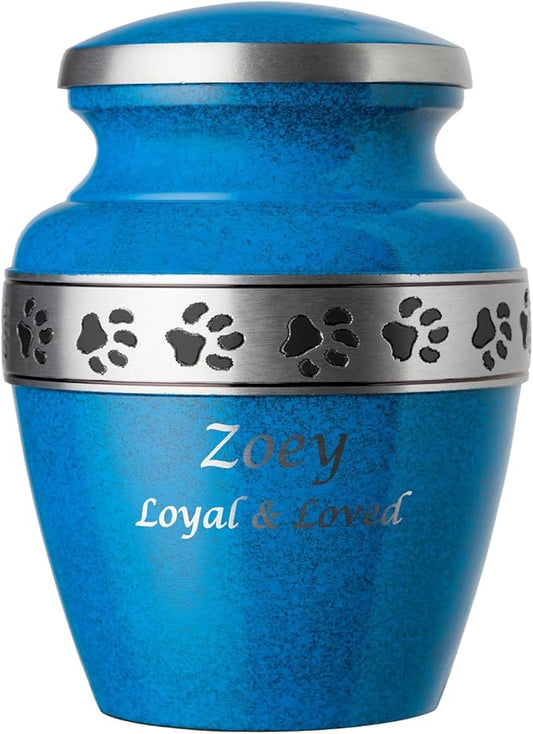 Pet Urn for Dogs and Cats with Personalized Laser Engraving, Morgan Paws Premier Series Memorial Urns for Dogs and Cats (Large, Evening Blue, Pewter Band)