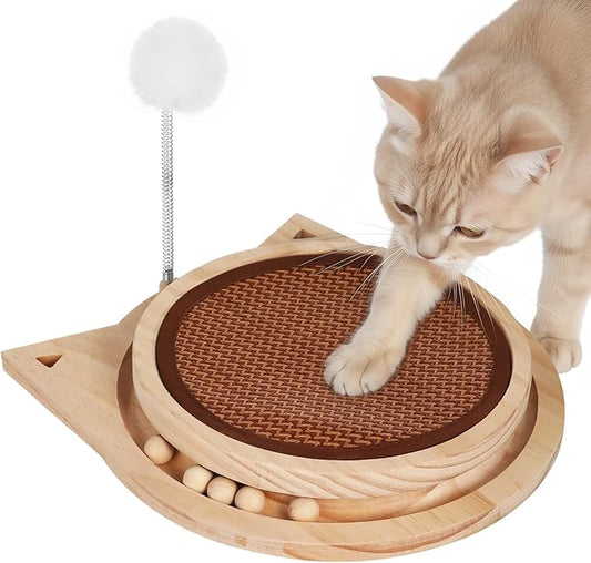 Natural Sisal Cat Scratcher with Ball, Round Kitten Scratching Pad Track and Spring Cat Toy Interactive Cat Toys for Indoor Cats Kitten Toys Enrichment Puzzle Play Exercise