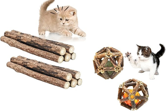 Yeahgoshopping Natural Silvervine Cat Chew Toys, 10 Premium Matatabi Sticks and 2 Catnip Balls, Interactive Pet Dental Treats, Safe Wood Chewing Toys for Cats