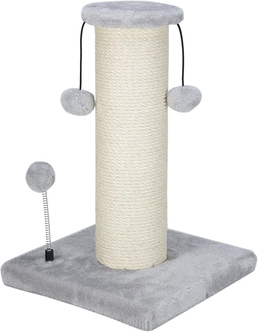 Dimaka Large Heavy Cat Scratching Post for Cats with 6" Wide Elevated Top Stand, Cat Tree Scratcher, 4.5" Dia. Big Sisal Rope Pole with 3 Teasing Balls, Extra Heavy Thick Stable Base (Grey)