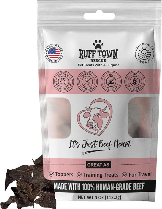 Ruff Town Dog Treats - Human Grade Beef Heart | Dehydrated Single Ingredient | High Protein, Low Fat, Hypoallergenic, Grain Free Training Treats | Ideal for All Breeds & Sizes, Made in USA(4oz)