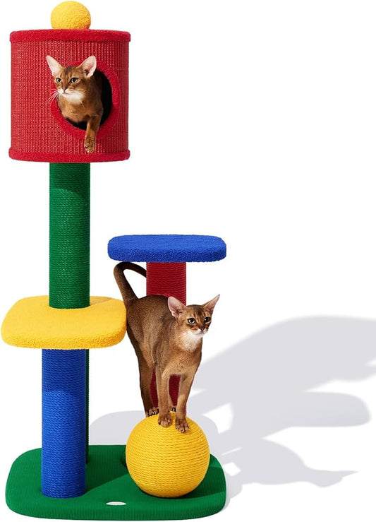 VETRESKA 48.4" Cat Tower, Multi-Level Cat Tree with Semi-Enclosed Sisal Cave, Sisal Scratching Posts and Cat Rest Platform, Indoor Cats Furniture Activity Center for Large Cats Kittens