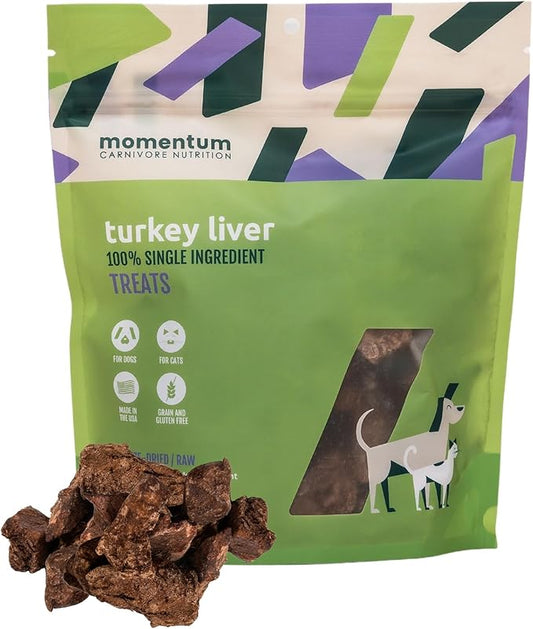 Momentum Carnivore Nutrition Freeze-Dried Turkey Liver Dog Treats & Cat Treats ??Single-Ingredient, High-Protein, Grain-Free, Naturally Flavorful & Lean ??Made in USA ??3.5 oz Bag