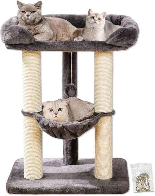 Happi N Pets 28" Cat Tree Tower for Indoor Cats, Tall Cat Scratching Post with Large Bed for Maine Coon Big Cats, Sisal Cat Scratcher with Soft Perch & Hammock, Stable Cat Stand, Removable Cover-Gray