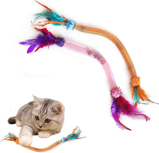 Cat Toys for Indoor Cats ??2 Pack Feather Toys with Pom-Pom & Bells, 19.5 Inch Teething Cat Toys Bundle for Chew, Cat Spiral Spring, Kitten Teething Toys