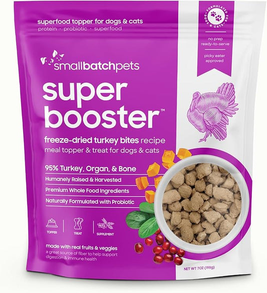 Smallbatch Freeze Dried Dog Treats, Superfood Food Topper Turkey Bites for Dogs & Cats, Probiotics, Organic Ingredients, High Protein, Grain Free Healthy Treat & Food Topper, Made in the USA, 7 oz Bag