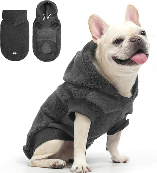 BINGPET Dog Sweater with Leash Hole, Warm Fleece Sweatshirt with Hood, Cold Weather Coat for Puppy to Large Dogs, Boy and Girl (Grey,M)