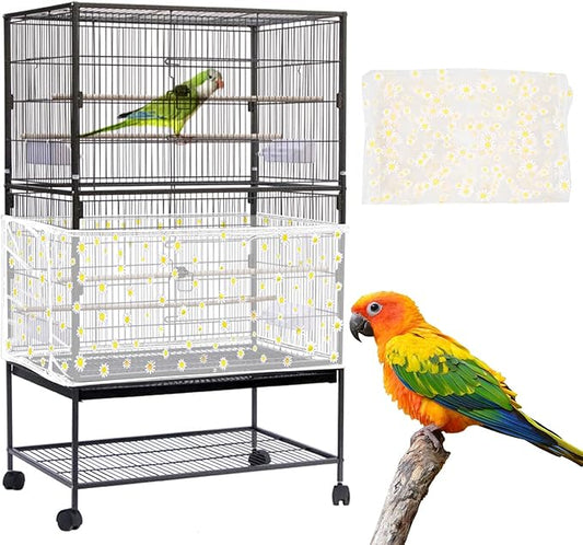 Daoeny Large Bird Cage Cover, Bird Cage Seed Catcher, Adjustable Soft Nylon Mesh Net with Daisy Pattern, Birdcage Cover Skirt Seed Guard for Parrot Parakeet Macaw Round Square Cages (White)