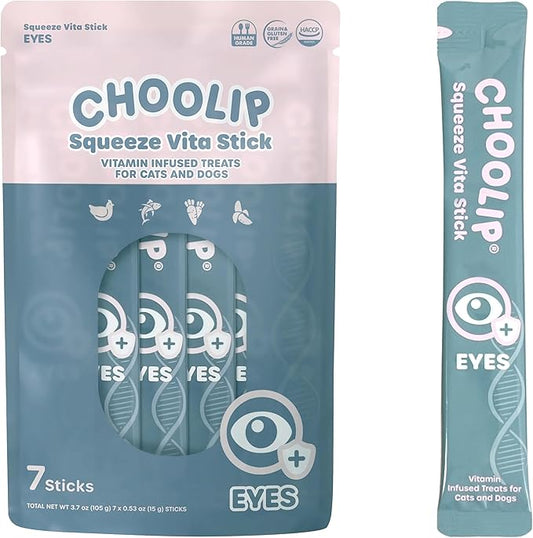 Choolip Squeeze Vita Stick Lickable Cat and Dog Treats – 7-Count Eye Support Sticks with Multivitamins, Soft Squeezable Paste for All Life Stages, Supporting Eye Health