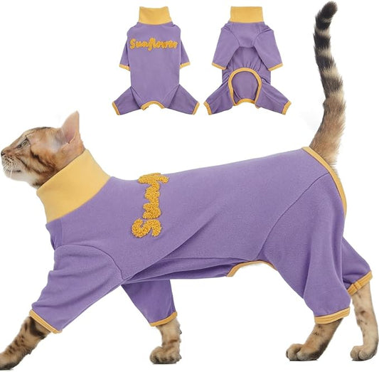 Sticky Hair Cat Clothes - Purple-S, Pajamas for Sphynx & Kitten, Anti-Shedding Cat Onesie to Reduce Pet Hair on Furniture,Long Sleeves Anti-Licking & Skin Disease Suit