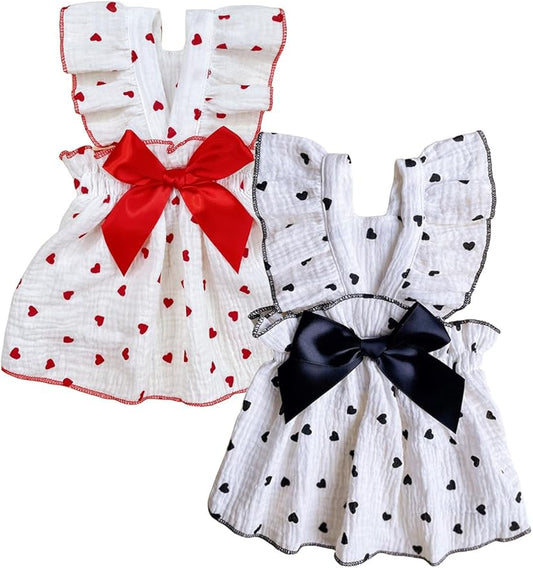QWINEE 2pc Heart Print Dog Cat Dress Bow Decor Cute Dog Dresses Puppy Tutu Skirt Chihuahua Teddy Pomeranian Dress Birthday Holiday Clothes for Cat Kittens Small Medium Large Dogs Black and White XL
