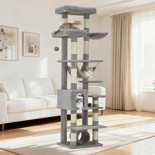 74" Tall Cat Tree,Large Cat Tree for Big Cats,Cat Tower with Scratching Posts, Condo, Perches, Hammock, Tunnel & Feeding Station,Deep Gray