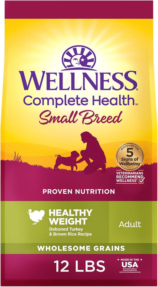 Wellness Complete Health Small Breed Dry Dog Food With Grains, Made In USA with Real Turkey and Natural Ingredients, For Dogs Up To 25 lbs, Healthy Weight, 12 Pound Bag
