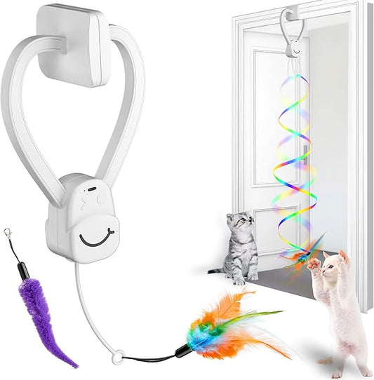 Interactive Cat Toys for Indoor Cats,Enrichment Stimulation Toys, Electric Hanging Door Clip Ribbon Kitty Toy,Automatic Play Chase Exercise Feather Toys for Bored Indoor Adult & Kitten Cats（White）