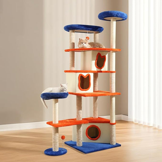 74IN Cat Tree Tower for Indoor Cats, Multi-Level Cat Condo with 3 Houses, Sisal Scratching Posts, Plush Perches, Jump Platforms and Hanging Ball Toy, Cat Furniture for Multi-Cat Family