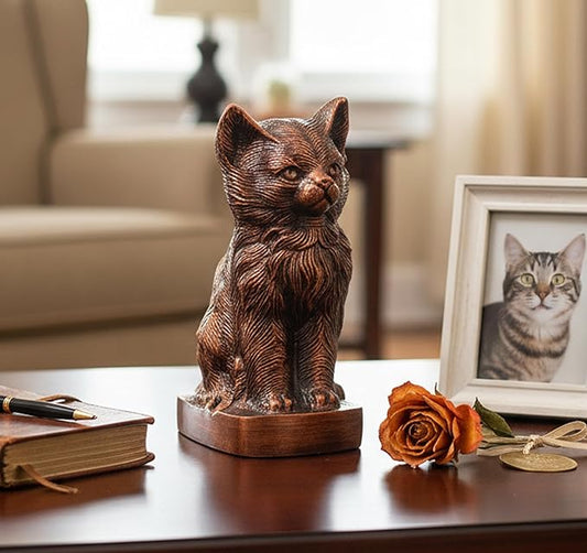 eSplanade Metal Cremation Urn Memorial Jar Pot Container | Full Size Urn for Funeral Ashes Burial | Cat/Kitten Shape Metal Urn | Copper - 9" Inches