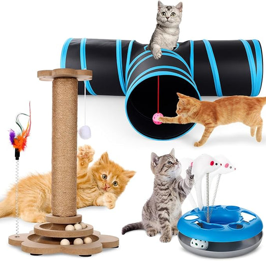 3 Pack Kitten Interactive Toys, Collapsible Pet Cat Tunnel Tube, Cat Scratching Post, 2-Layer Kitten Toys Roller Tracks with Spring with Feather Interactive Balls for Pet Rabbits