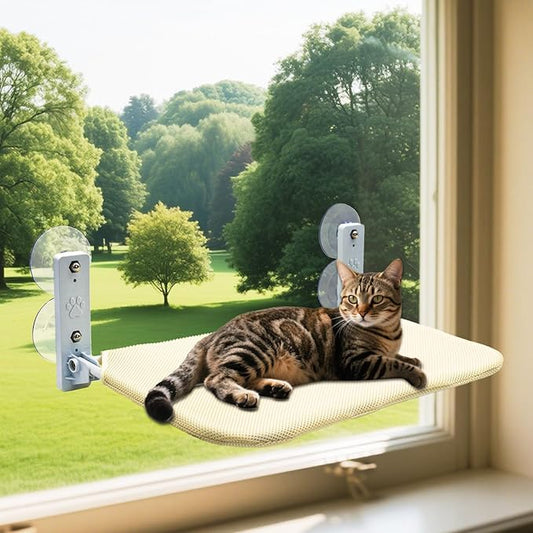 Cat Window Perch, Cordless Hammock, Fold-Up Cat Bed with Zip Closure, Easy Fold Machine Washable Seat, Sturdy Metal Frame for Cats and Kittens (Beige Breathable Mesh, Large)