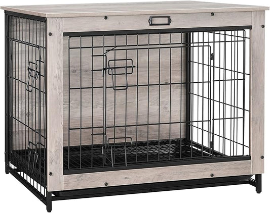 HOOBRO Dog Crate Furniture, 32.5" Medium Dog Kennel Indoor, Wooden Cage with Pull-Out Tray, Double Doors Pet House Side End Table for Medium/Small Dogs, Greige BG802GW03