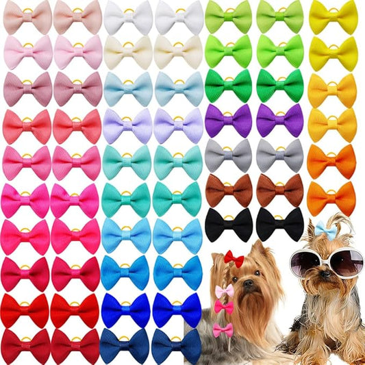 100Pcs(50 Pairs) Soft Dog Bow with Rubber Bands Solid Color Dog Bowknot Hair Bow Handmade Topknot Bows for Doggie Puppy Cat Bunny Yorkie Pet Hair Grooming Bows (Mix-Solid 30 Colors)