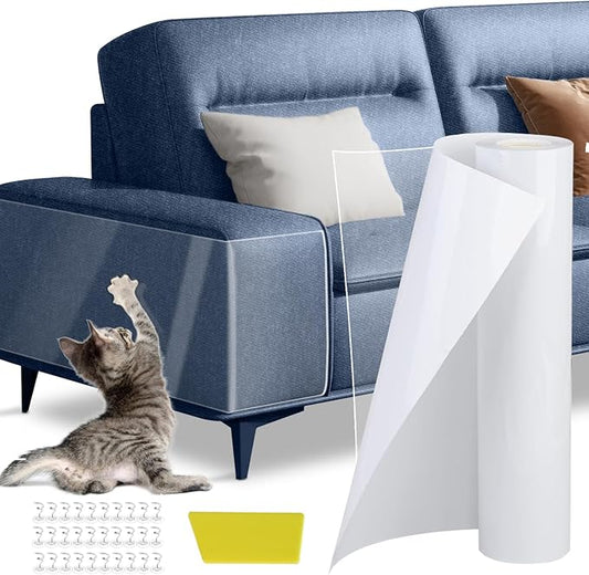 [Thicken Vinyl] Anti Cat Scratch Furniture Protector, 118"*11.8" Single-Sided Sticky Couch Protector from Cat Claws, Stronger Adhesive Cat Scratch Deterrent Tape(30 Pins)