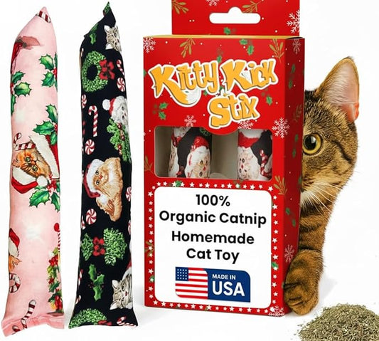 Kitty Kick Stix 11" Catnip Kicker Toy ??Set of 2 | Handmade in USA | Interactive Cat & Kitten Toy | Packed with 100% Potent Catnip for All Breeds (Holiday (Set of 2))