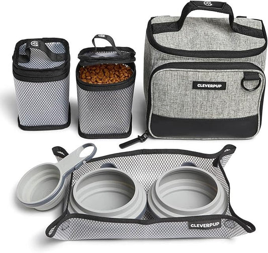 Small 7-Piece Bistro Box Dog Food Travel Kit, 6-Cup Kibble Storage, 2 Silicone Bowls, Mat & Scoop - Premium Portable Pet Food Kit for Weekends, Overnights, Daycare & Camping, Heather Grey