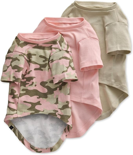 Toby II - The Perfect Tee, 3 Pack Short Sleeve Pet T-Shirt 100% Organic Cotton Tees Clothes for Small, Medium, Large Dogs, Pink Camo, Large