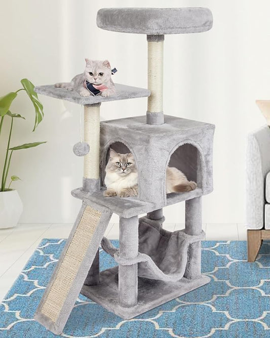 MIAO PAW Grey Cute Cat Tree for Indoor Cat Tower with Scratching Post Modern Activity House Hammock Hanging Ball Condo with Board