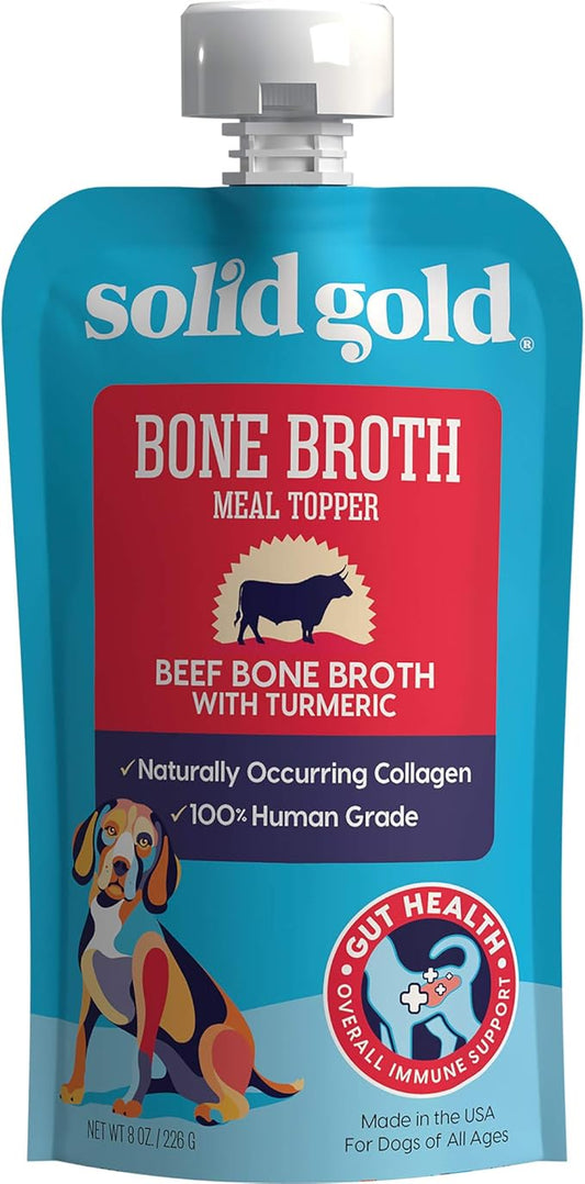 Solid Gold Beef Bone Broth for Dogs - Grain Free Dog Food Topper Rich in Collagen and Superfoods - Nutrient Dense Dog Gravy Topper for Dry Food - Promotes Gut Health and Hydration - Single