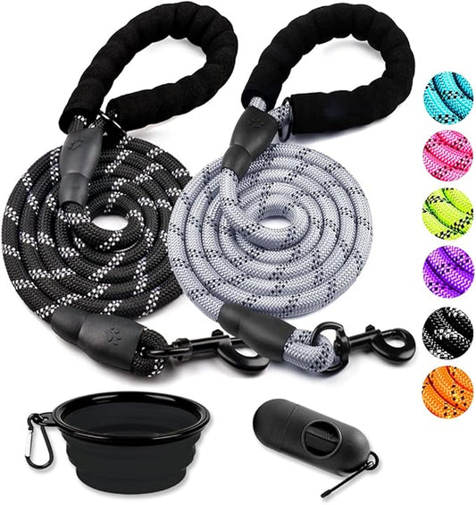 COOYOO 2 Pack Dog Leash 6 FT Heavy Duty - Comfortable Padded Handle - Reflective Dog Leash for Medium Large Dogs with Collapsible Pet Bowl