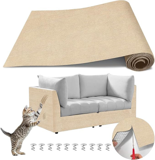 118"x15.8" Cat Scratch Couch Furniture Protector, Adhesive Cat Scratch Pad Deterrent for Furniture, DIY Climbing Cat Scratcher Couch Protector from Cat Claws Scratching Mat for Indoor Sofa (Khaki)