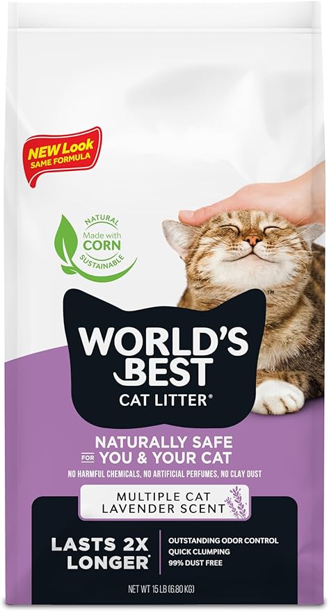WORLD'S BEST CAT LITTER Multiple Cat Lavender Scented 15-Pounds - Natural Ingredients, Quick Clumping, Flushable, 99% Dust Free & Made in USA - Calming Fragrance & Long-Lasting Odor Control