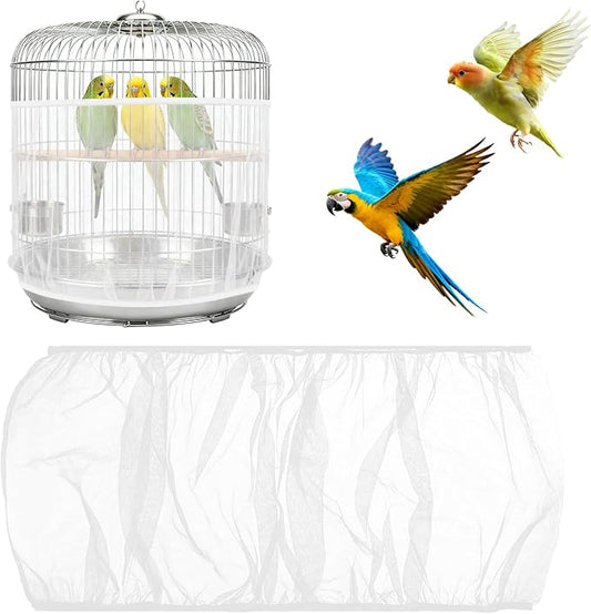 Bird Cage Cover, Circumference 40-68 inches Bird Cage Seed Catcher, White Bird Cage Net Cover, Adjustable Bird Cage Netting for Parrot Enclosures, Round Square Cages